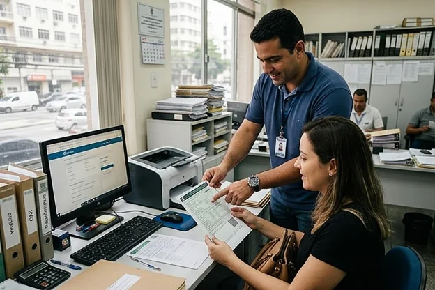 Despachante detalhando passos para impressão do CRLV-e à um cliente.