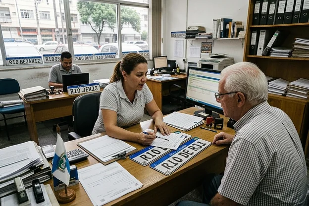 Profissional aconselhando um cliente sobre emplacamento de veículo.