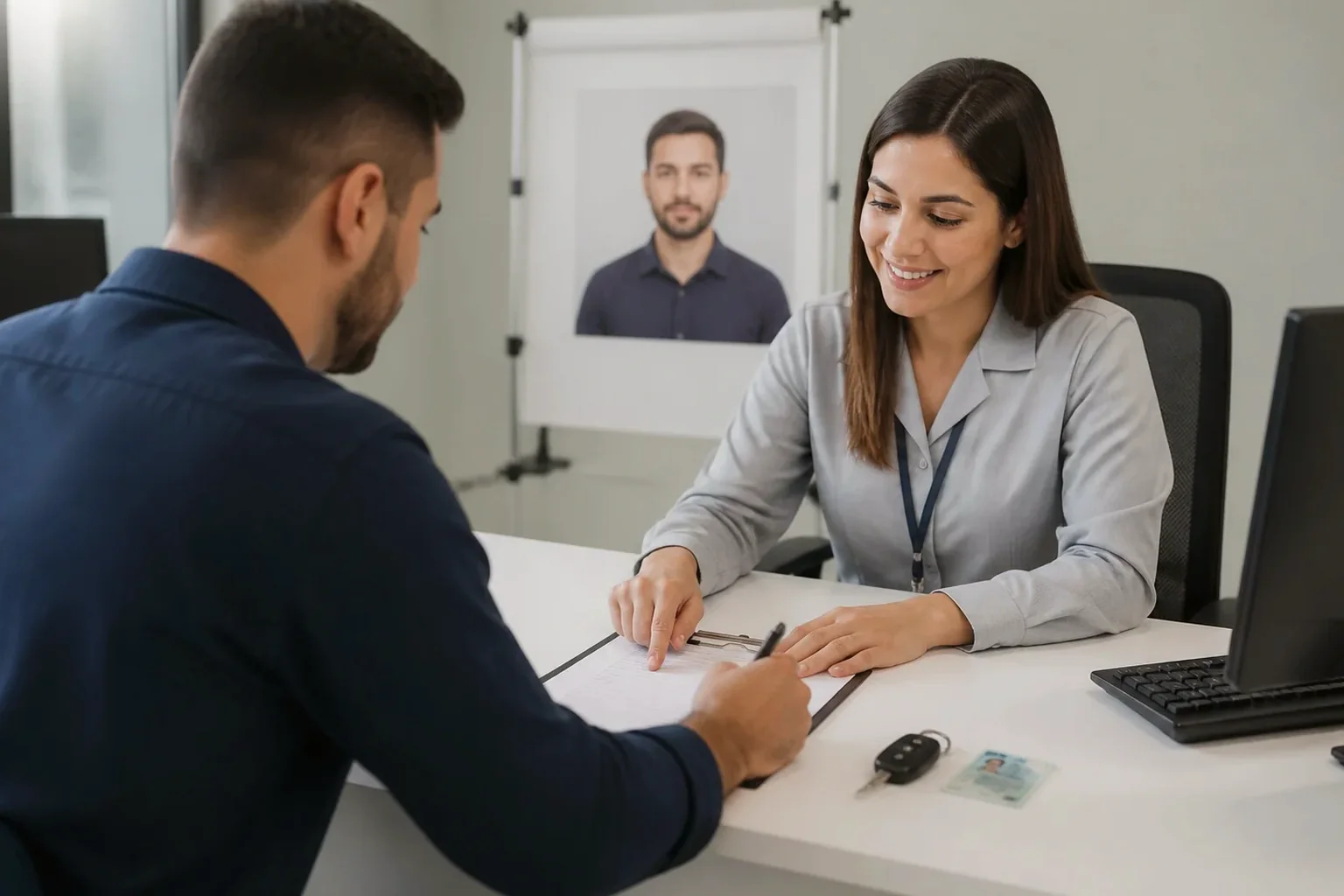 Profissional ajudando cliente na renovação de CNH.