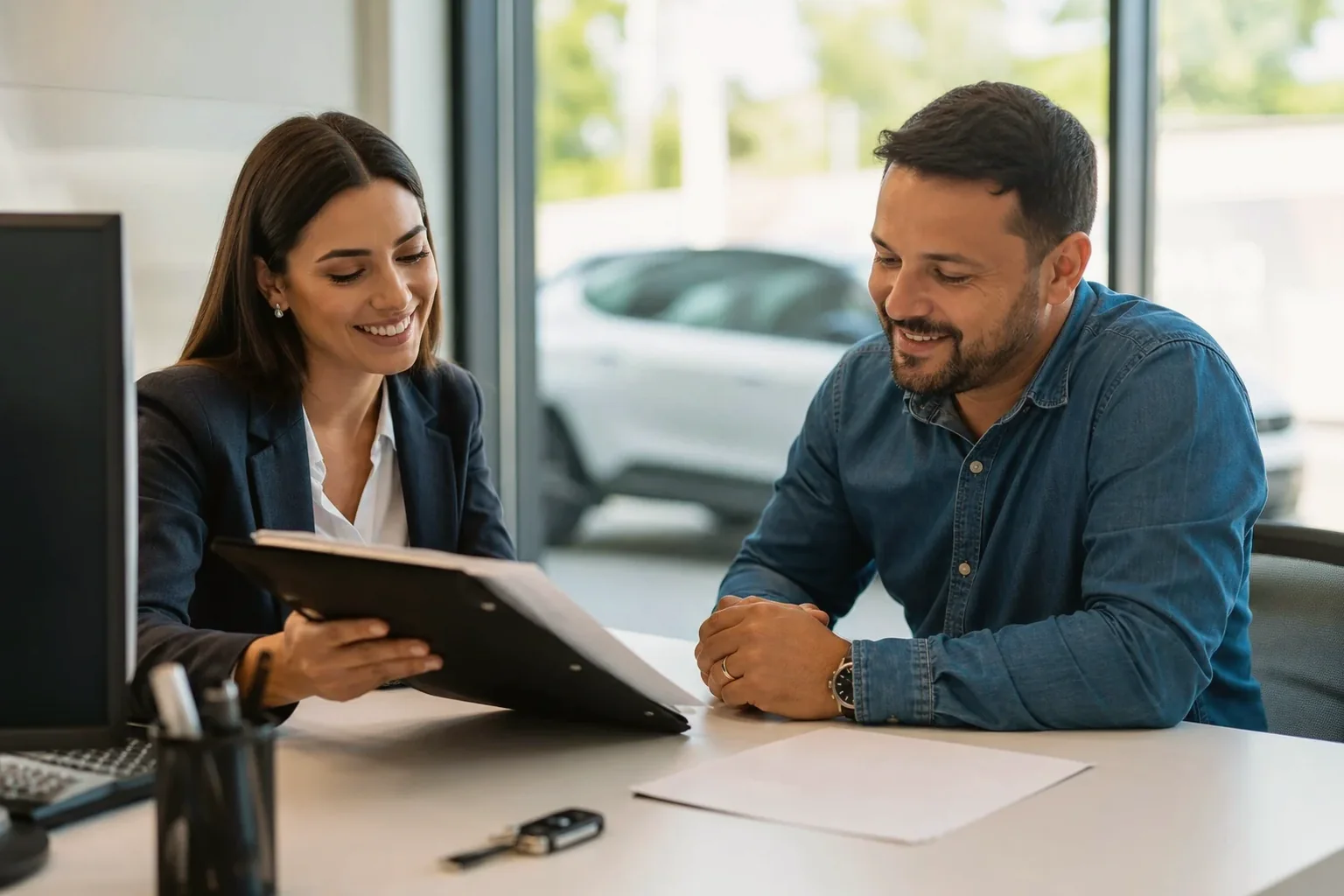 Profissional atendendo um cliente com impressão de documento CRLV-e.